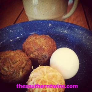 Paleo Banana Bread Muffins, hard boiled egg, orange and coffee